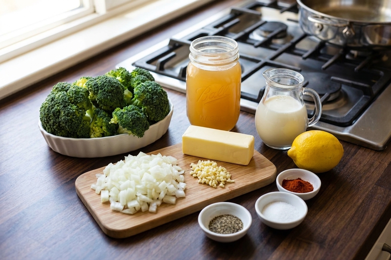 Broccoli florets, onion, garlic, butter, broth, cream, lemon, and spices arranged on a bright kitchen counter