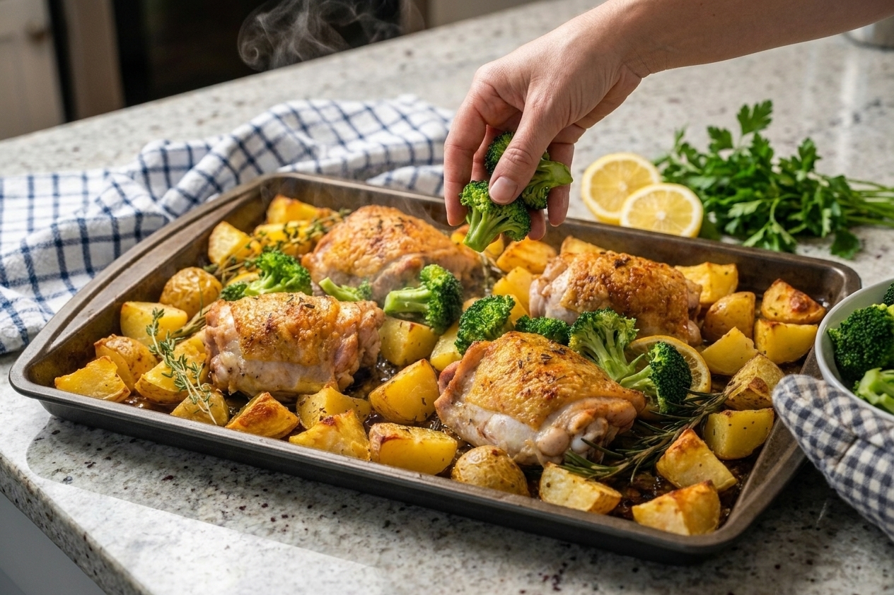 Broccoli florets scattered onto a hot baking sheet with partially roasted chicken and potatoes on a kitchen counter