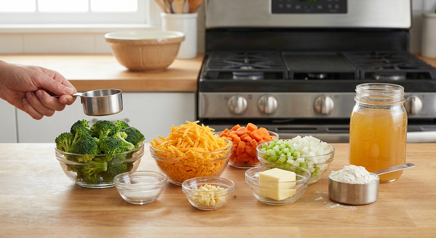 Broccoli florets, shredded cheddar, carrots, celery, onion, garlic, butter, flour, and broth arranged on a bright kitchen counter with measuring cups