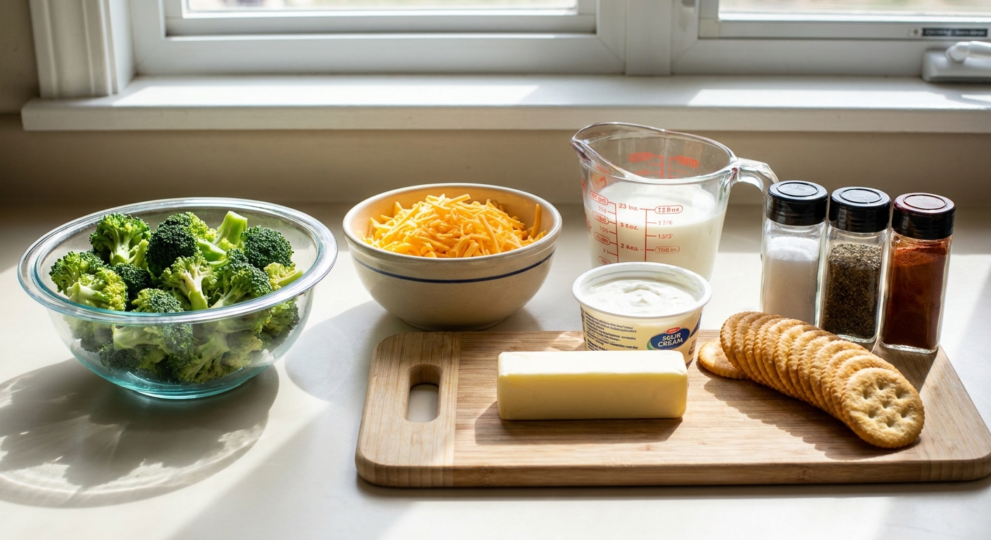 Broccoli florets, shredded cheddar, milk, sour cream, butter, crackers, and seasonings arranged on a bright kitchen counter