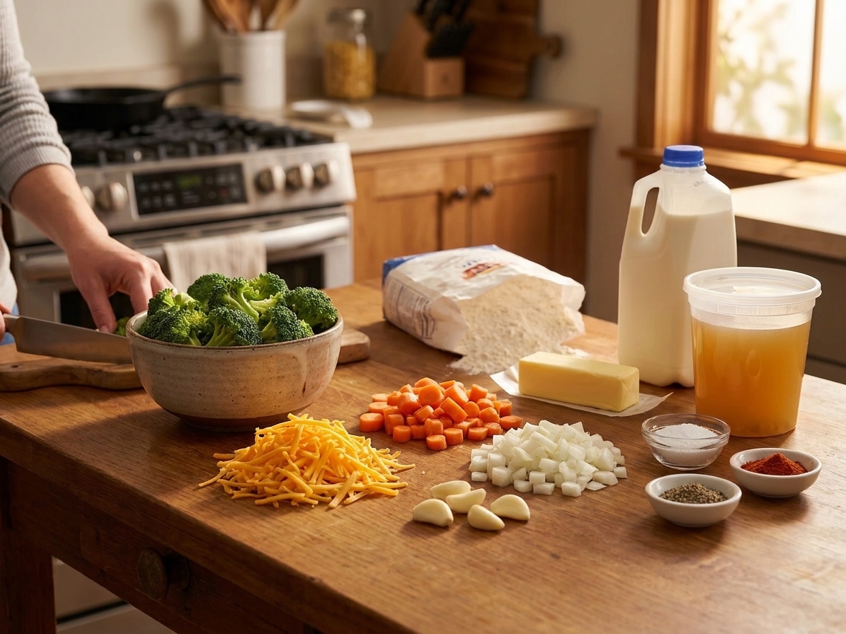 Broccoli florets, shredded sharp cheddar, carrots, onion, garlic, flour, butter, milk, broth, and seasonings arranged on a kitchen counter in warm kitchen light