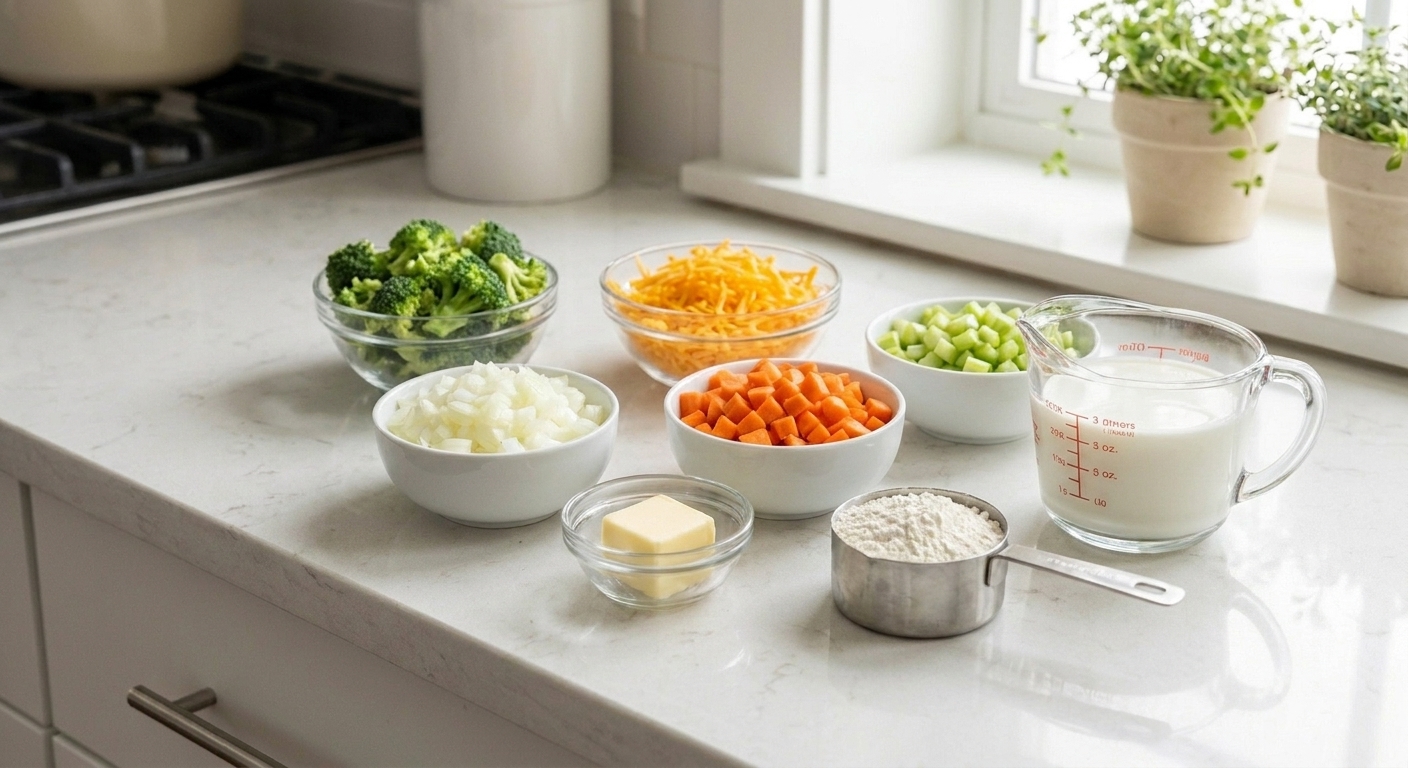 Broccoli florets, shredded sharp cheddar, diced onion, carrots, celery, butter, flour, and milk arranged on a light kitchen counter in small bowls and measuring cups
