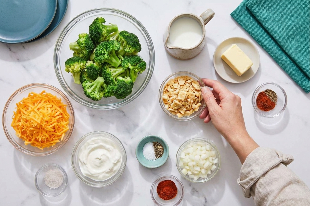 Broccoli florets, shredded sharp cheddar, sour cream, milk, crackers, butter, onions, and seasonings arranged on a light kitchen counter, ready for cooking