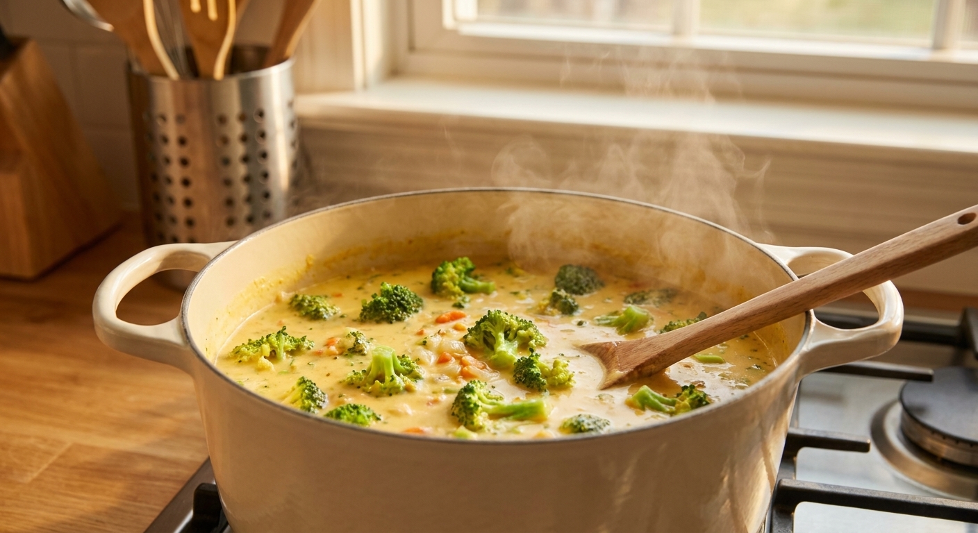 Broccoli florets simmering in a creamy soup base inside a pot on the stove with light steam in warm kitchen light