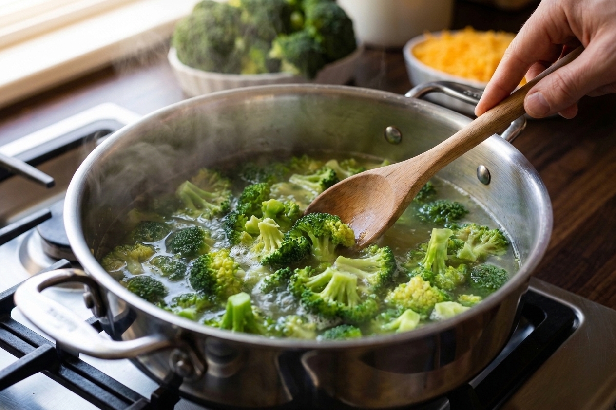 Broccoli florets simmering in broth inside a large pot on the stove
