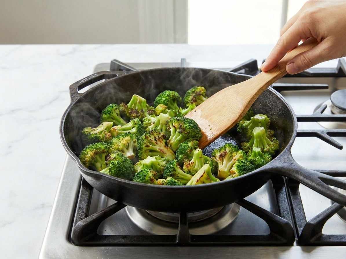 Broccoli florets sizzling in a hot skillet with lightly charred edges as they are stirred in the pan