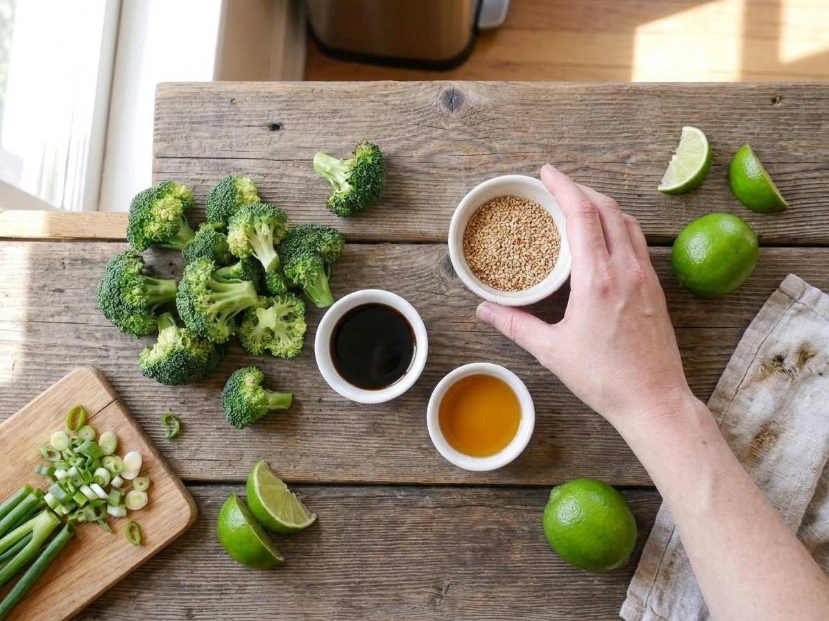 Broccoli florets, sliced scallions, a whole lime, sesame seeds, and small bowls of soy sauce and sesame oil arranged for cooking on a bright kitchen counter