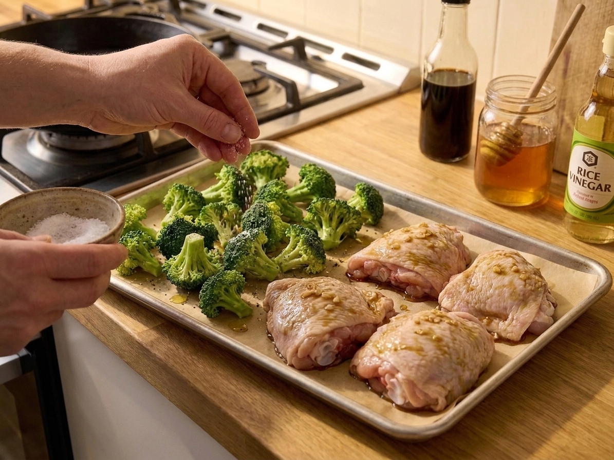 Broccoli florets spread around chicken thighs on a parchment-lined sheet pan before roasting