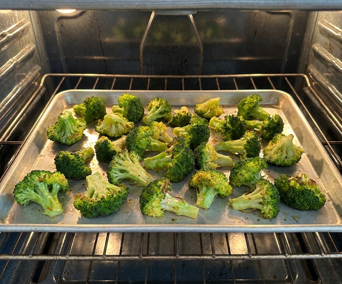 Broccoli florets spread in a single layer on a sheet pan, lightly browned at the edges inside an oven