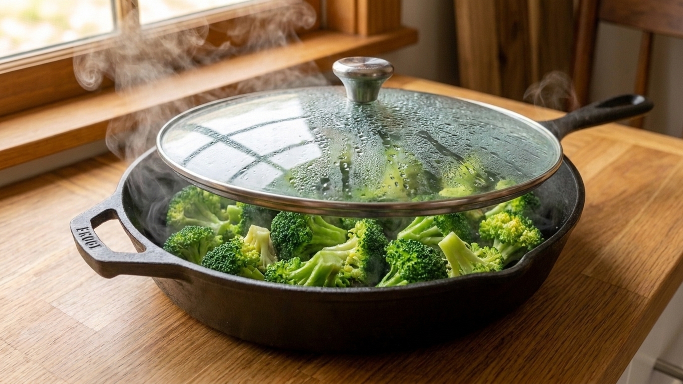 Broccoli florets steaming in a covered skillet with a glass lid fogged from heat