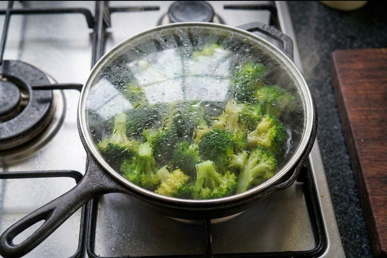 Broccoli florets steaming in a skillet with a lid on, condensation visible on the glass lid