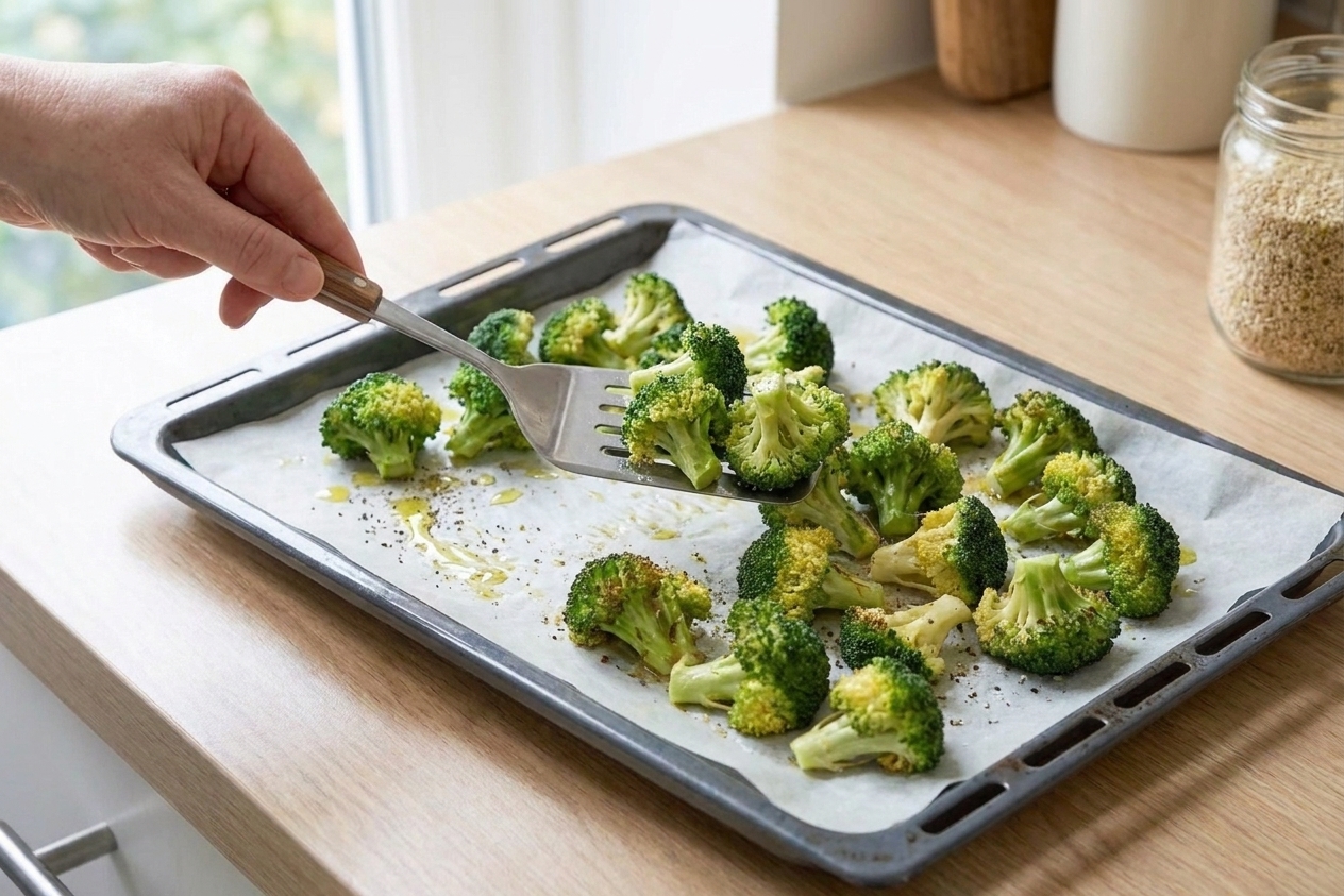 Broccoli florets tossed with olive oil and seasoning spread out on a parchment-lined sheet pan on a kitchen counter