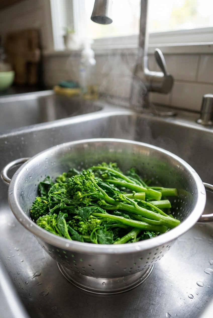 Broccoli rabe draining in a colander after blanching in a kitchen sink
