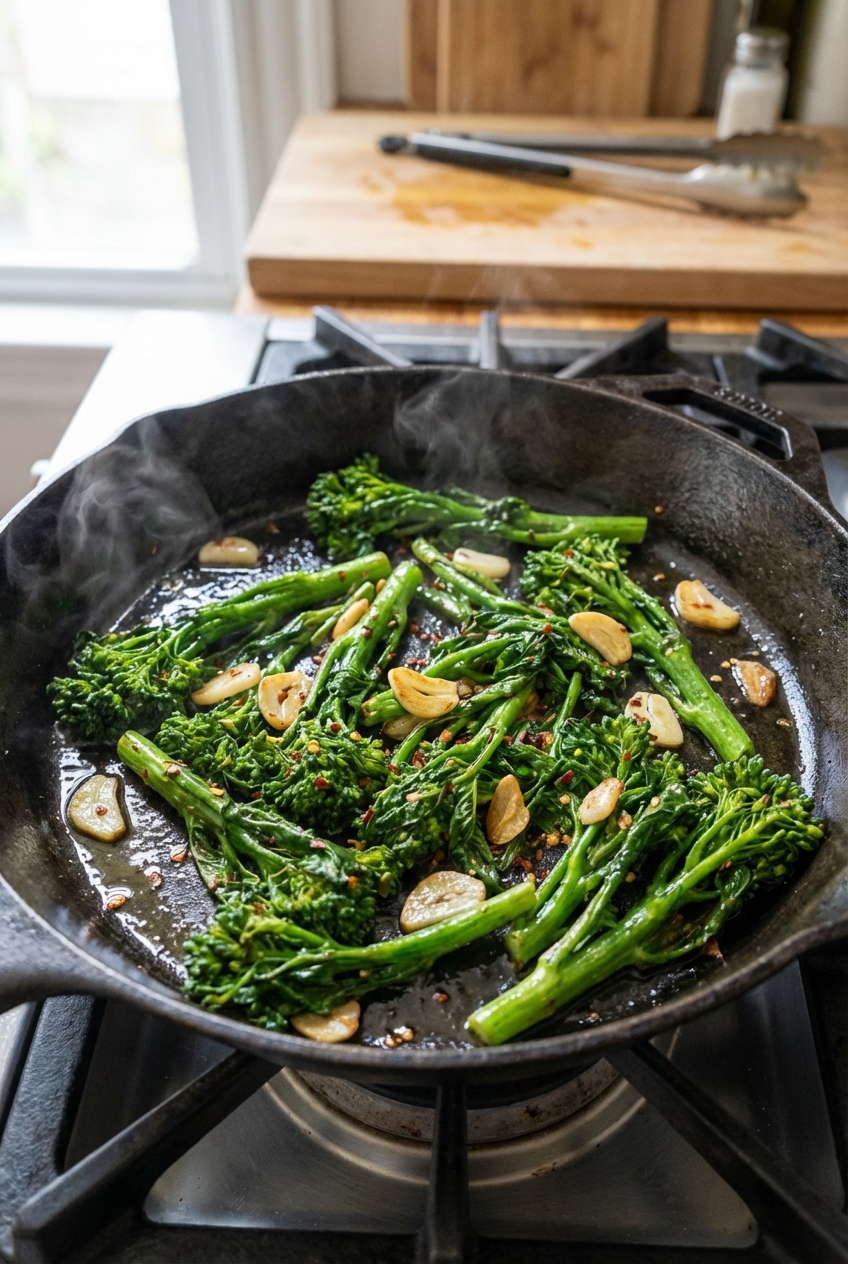 Broccoli rabe sautéing in a skillet with sliced garlic and red pepper flakes