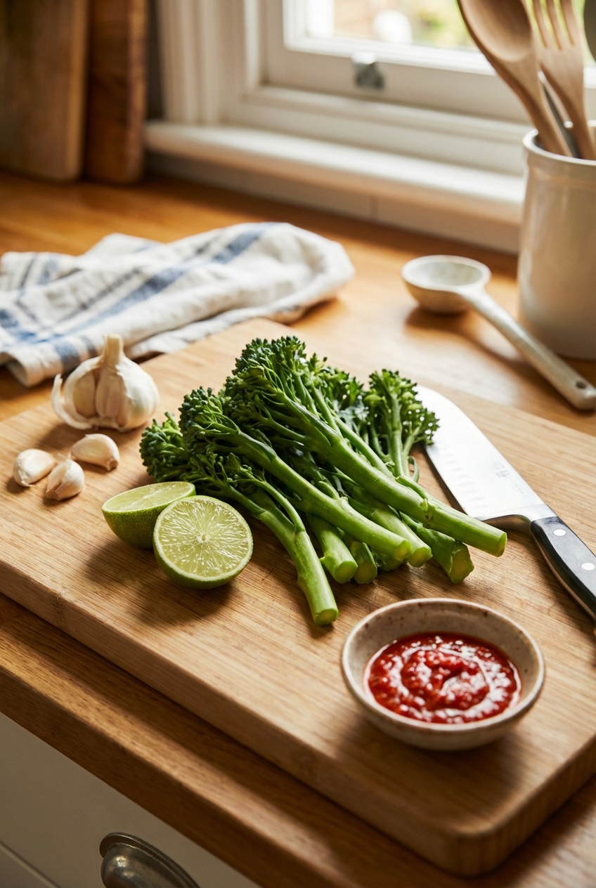 Broccolini on a cutting board with lime, garlic, and a small bowl of red chili sauce nearby
