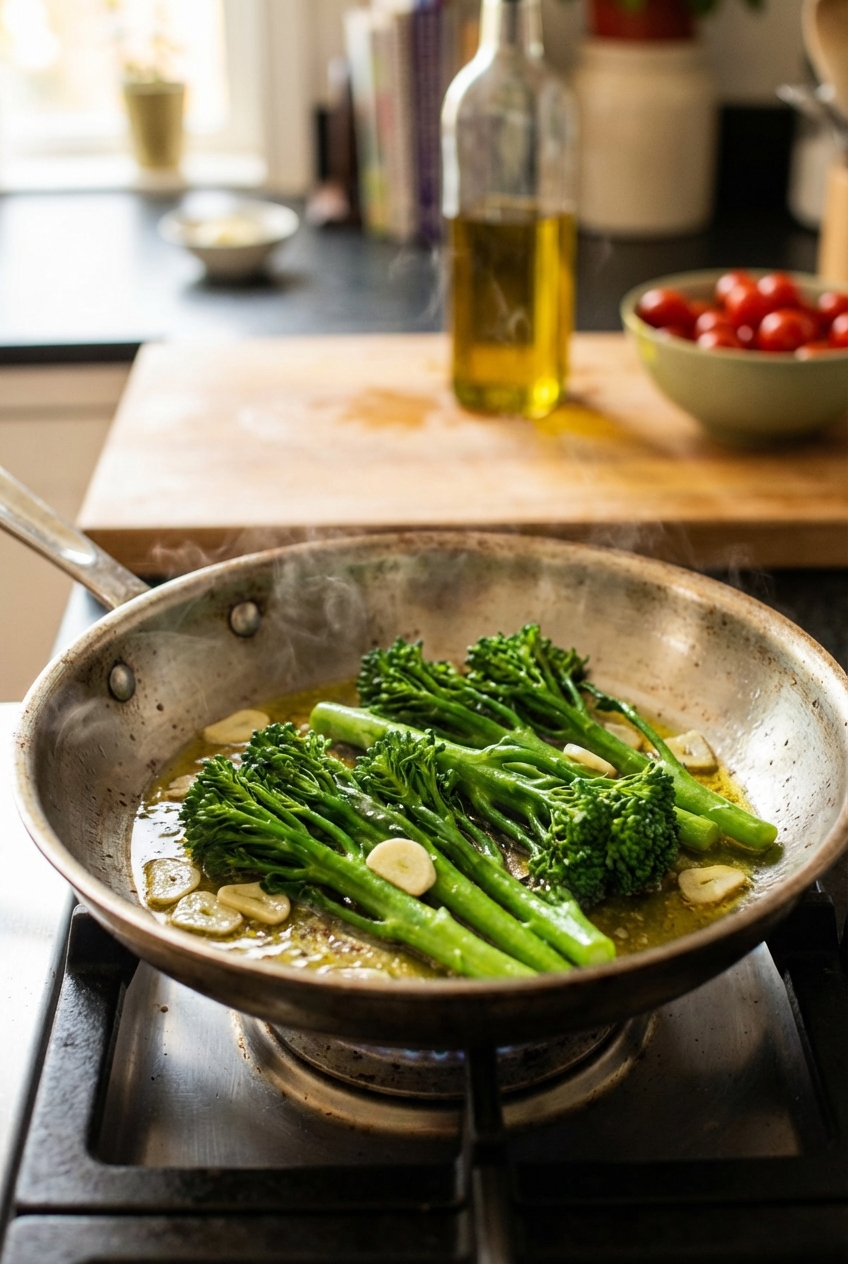 Broccolini sautéing in olive oil with sliced garlic in a stainless steel skillet