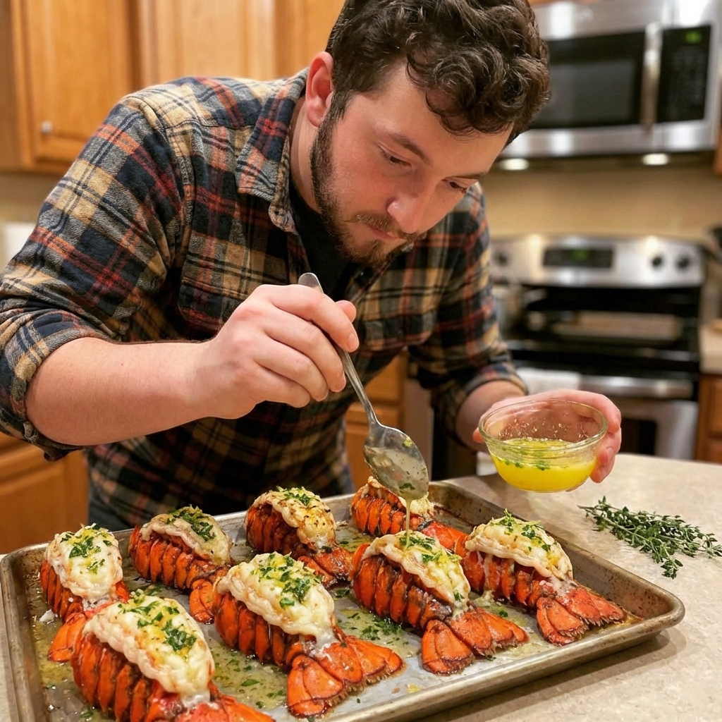 Broiled lobster tails on a sheet pan being basted with citrus herb butter using a spoon