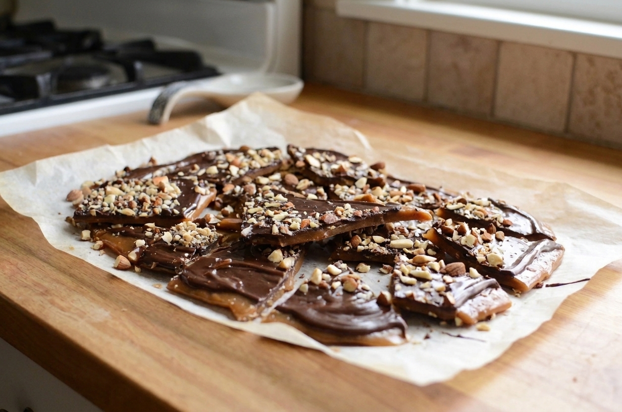 Broken English toffee pieces with chocolate and chopped nuts scattered on parchment paper on a kitchen counter