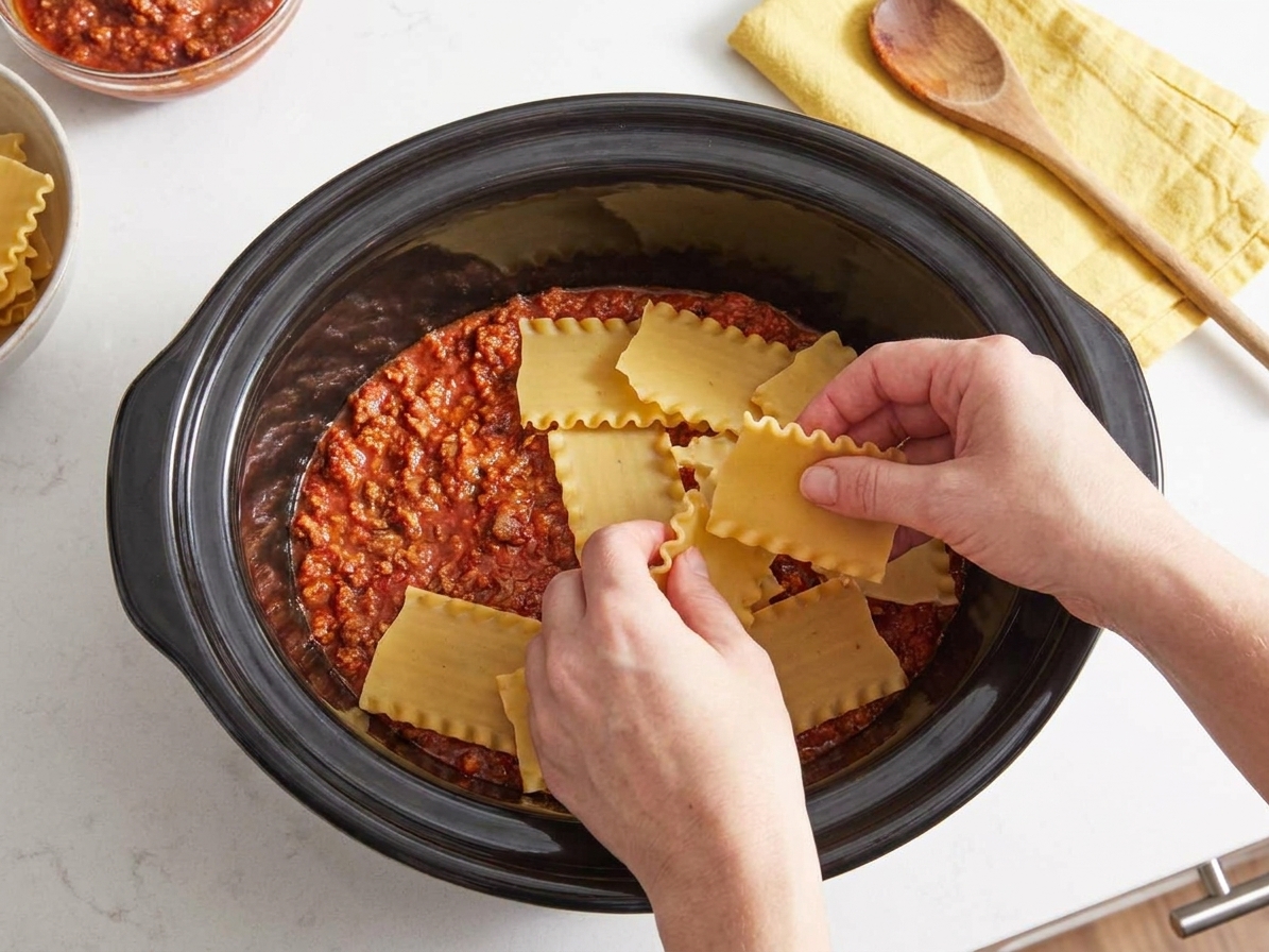 Broken lasagna noodles layered over sauce inside a slow cooker insert on a kitchen counter