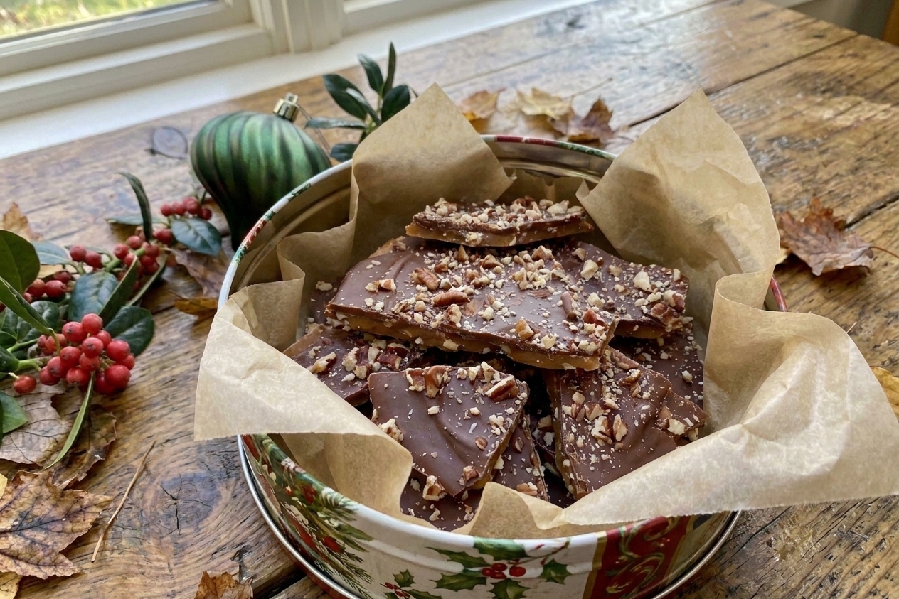 Broken pieces of chocolate-topped toffee layered with parchment paper inside a holiday cookie tin on a kitchen table