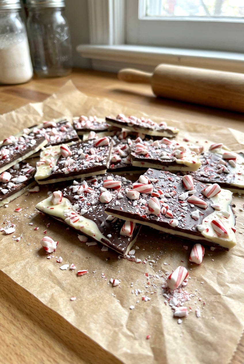 Broken pieces of peppermint bark with crushed candy canes scattered on parchment