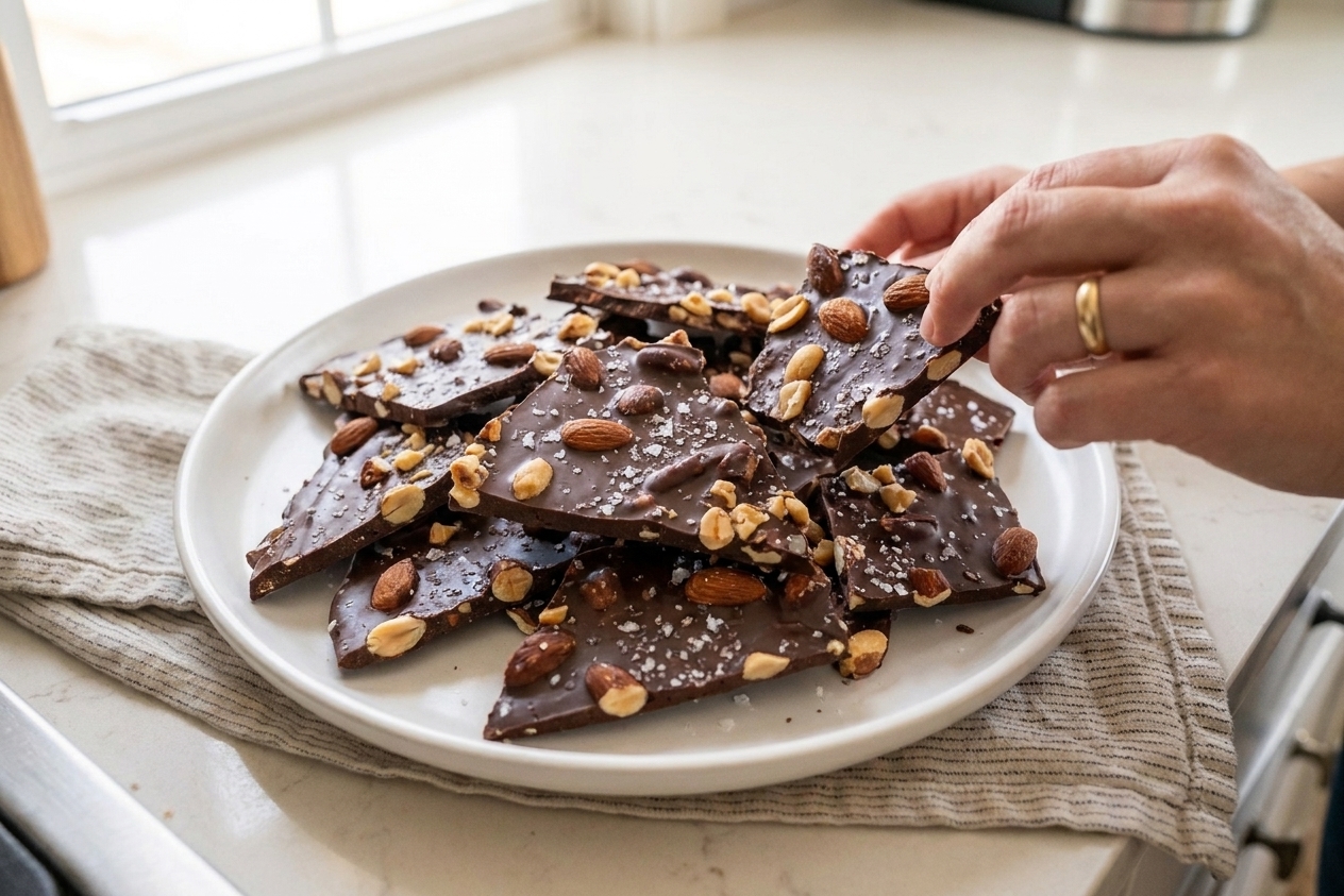 Broken shards of cocoa bark piled on a white plate with visible nuts and a sprinkle of flaky salt on a kitchen table
