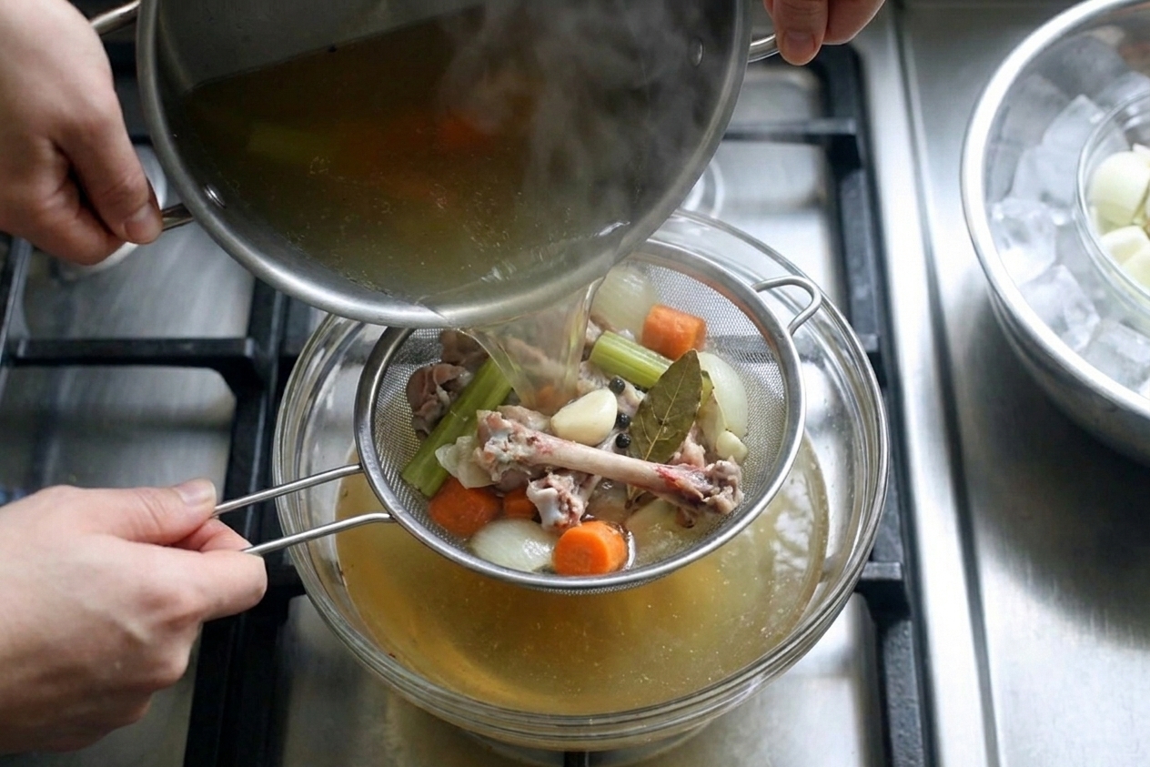 Broth being poured through a fine-mesh strainer into a bowl