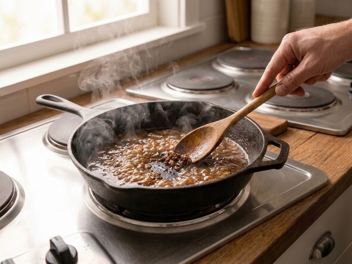 Broth bubbling in a skillet as a wooden spoon scrapes browned bits to make a pan sauce