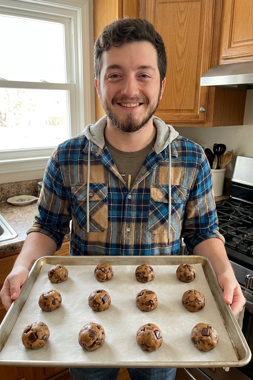 Brown butter chocolate chip cookie dough balls on a parchment-lined sheet pan