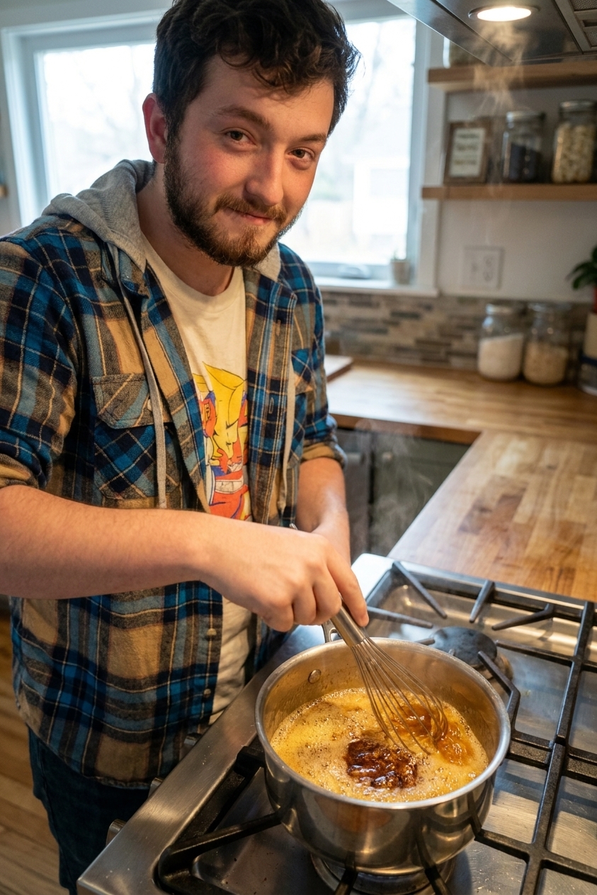 Brown butter foaming in a small saucepan with a whisk, showing amber butter and toasted milk solids