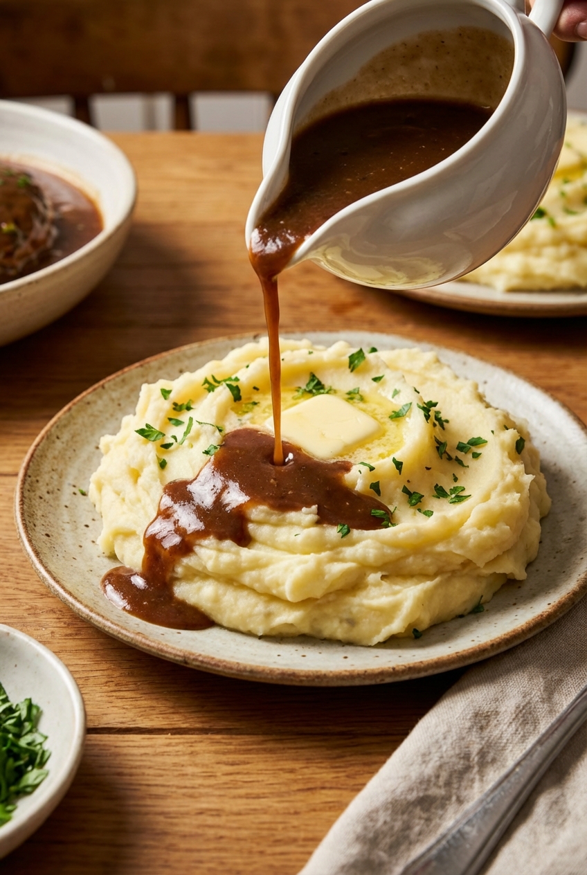Brown gravy being poured from a gravy boat over mashed potatoes on a plate