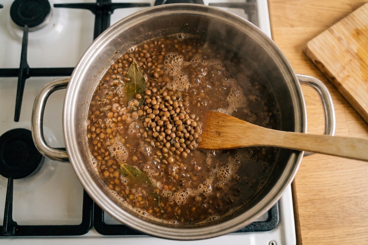 Brown lentils simmering in a pot with small bubbles breaking the surface, photographed from above on a stovetop