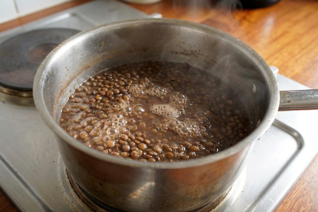 Brown lentils simmering in a stainless steel pot on a stove with gentle bubbles and steam rising