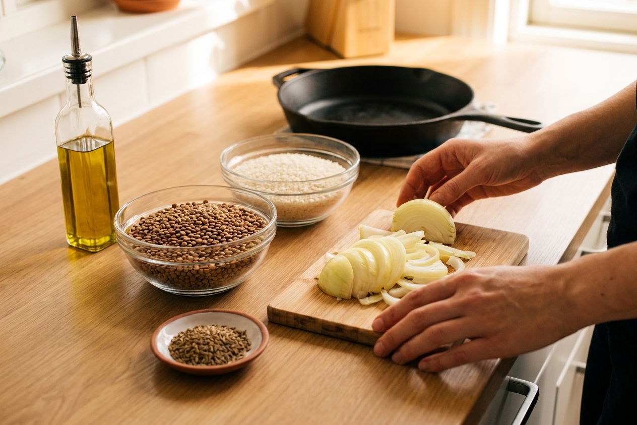 Brown lentils, white rice, sliced yellow onions, cumin, and olive oil arranged on a clean kitchen counter with warm even lighting