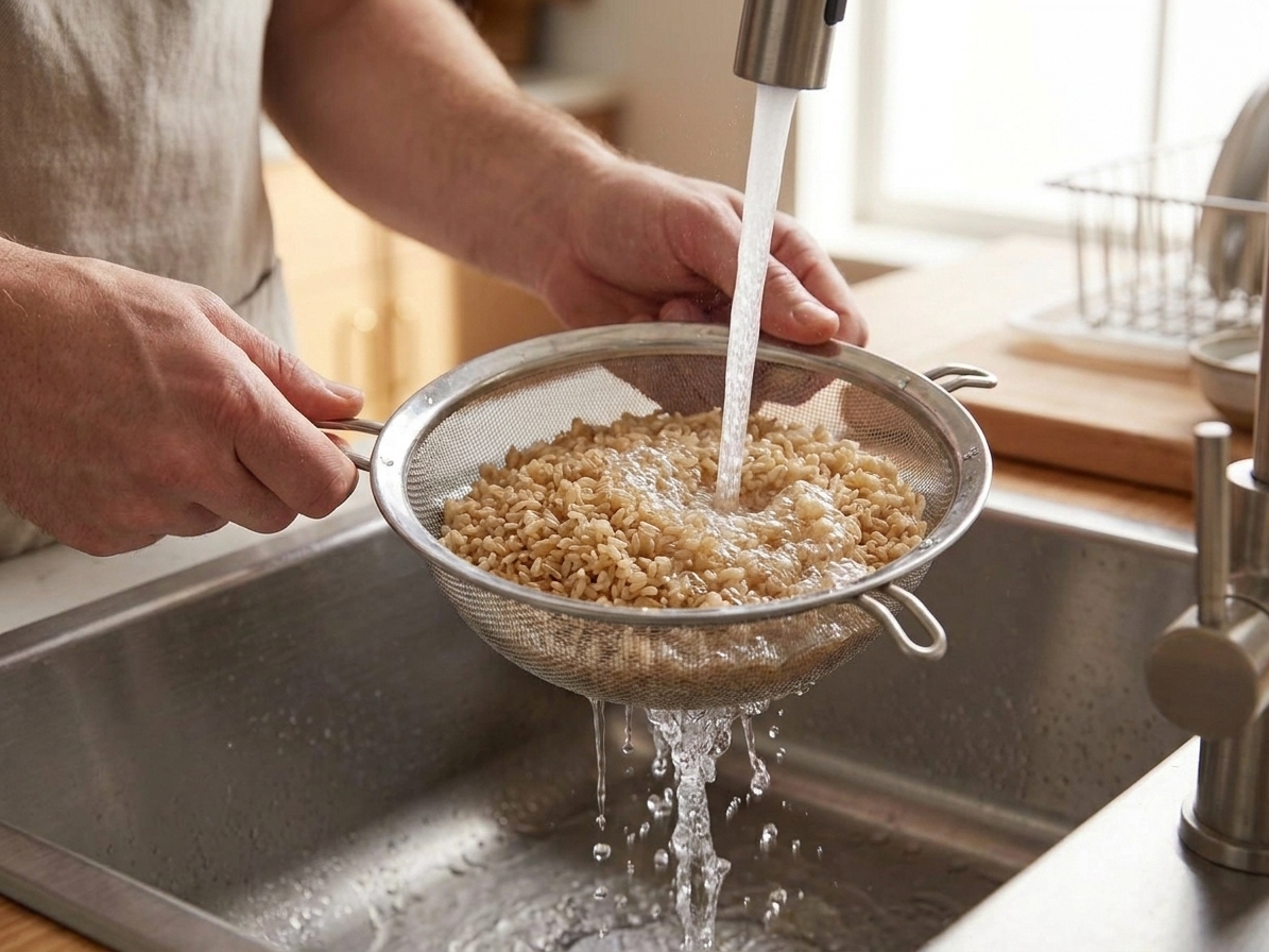 Brown rice being rinsed in a fine mesh strainer under running water in a home kitchen sink