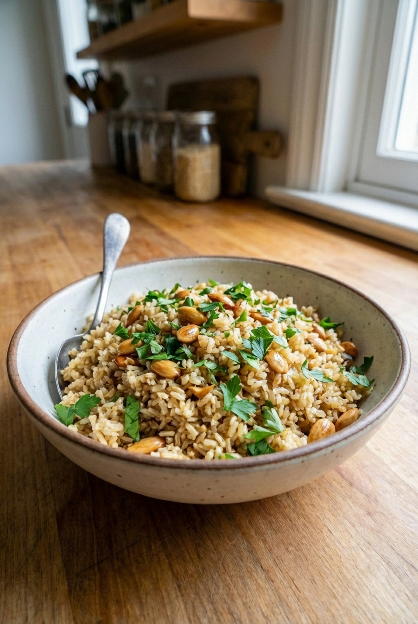 Brown rice pilaf with toasted almonds and parsley in a serving dish