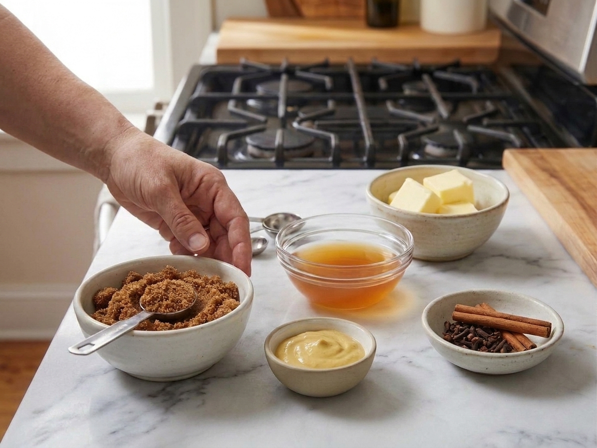 Brown sugar, Dijon mustard, apple cider vinegar, and butter measured out on a kitchen counter ready to make ham glaze