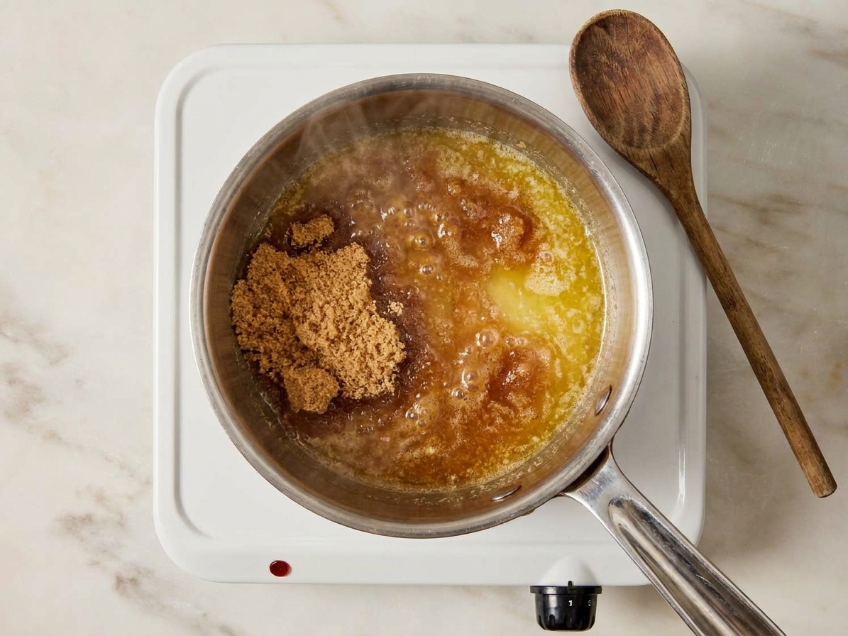 Brown sugar and butter melting together in a small saucepan on a stovetop with a wooden spoon nearby