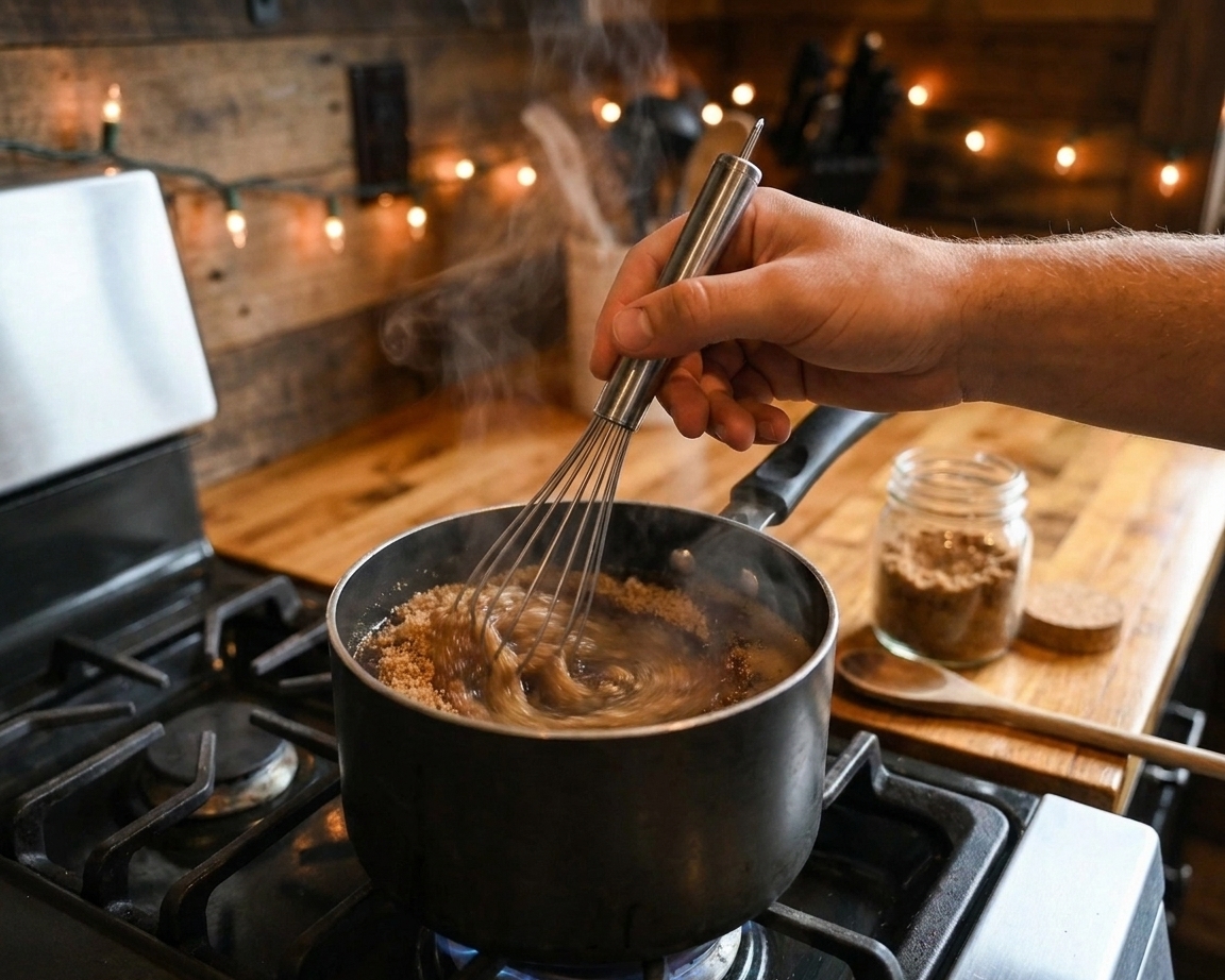 Brown sugar being whisked into a small saucepan of coffee on a stovetop