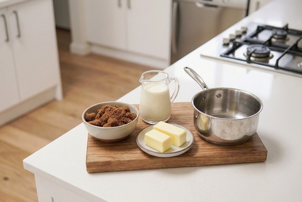 Brown sugar, butter, and heavy cream measured and arranged beside a small stainless saucepan on a clean kitchen counter