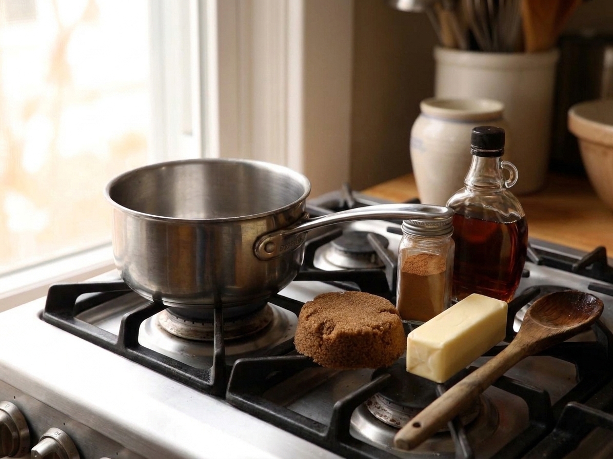 Brown sugar, butter, syrup, and cinnamon next to a small saucepan on a stovetop, ready to cook the stroop filling