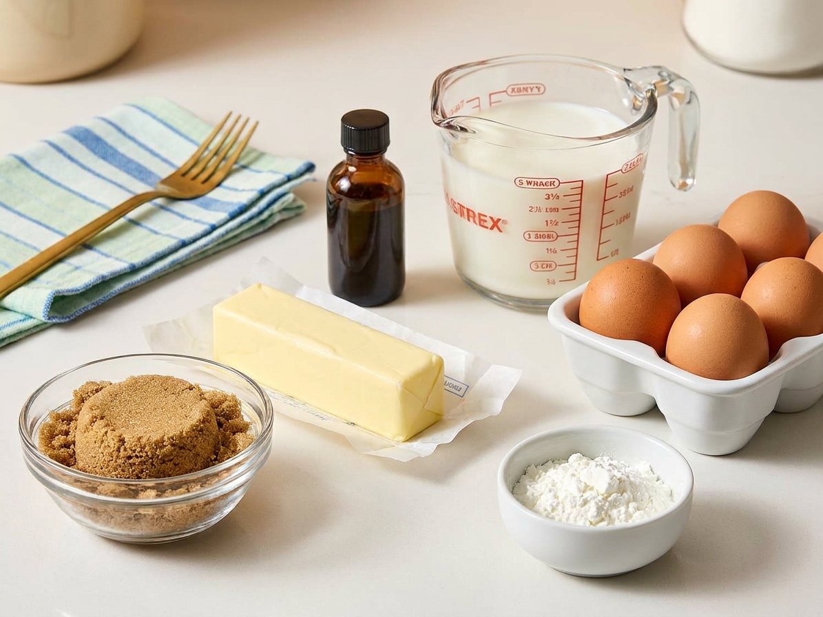 Brown sugar, butter, vanilla extract, milk, eggs, and cornstarch arranged on a clean kitchen counter with warm, even lighting