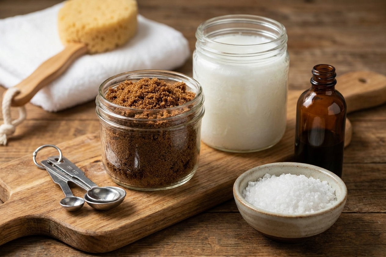 Brown sugar, coconut oil, vanilla extract, and a small bowl of salt arranged on a kitchen counter with measuring spoons