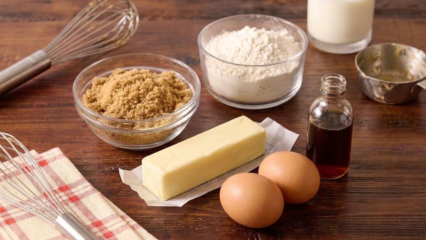 Brown sugar, flour, butter, eggs, and vanilla measured on a clean kitchen counter ready for baking
