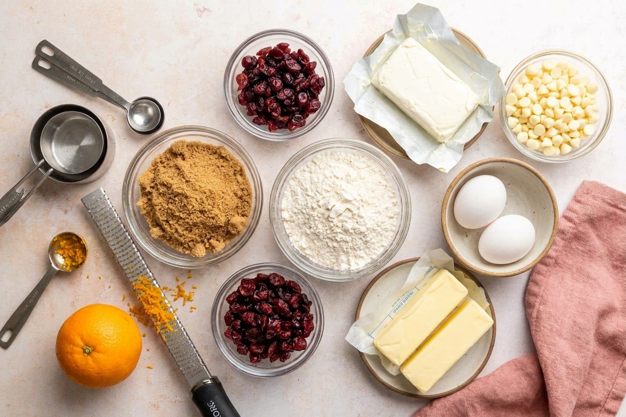 Brown sugar, flour, butter, eggs, dried cranberries, white chocolate chips, cream cheese, and an orange arranged on a clean kitchen counter with measuring cups