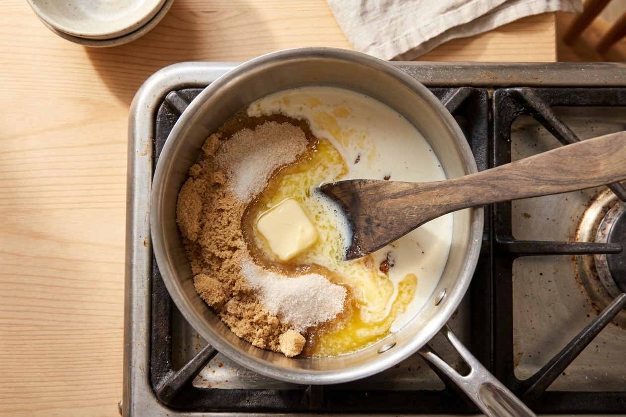 Brown sugar, granulated sugar, cream, and butter melting together in a stainless saucepan on the stove