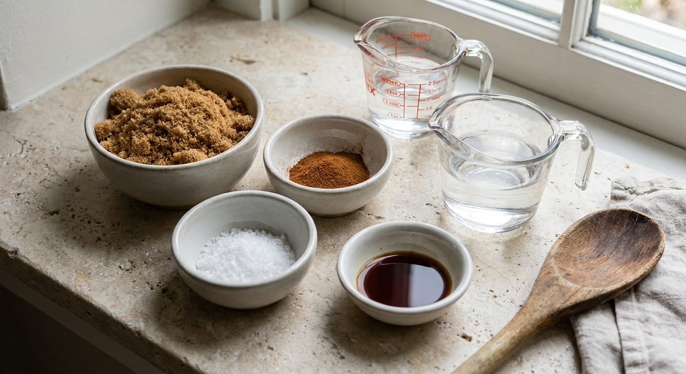 Brown sugar, ground cinnamon, water, salt, and vanilla arranged in small bowls and measuring cups on a light stone kitchen counter