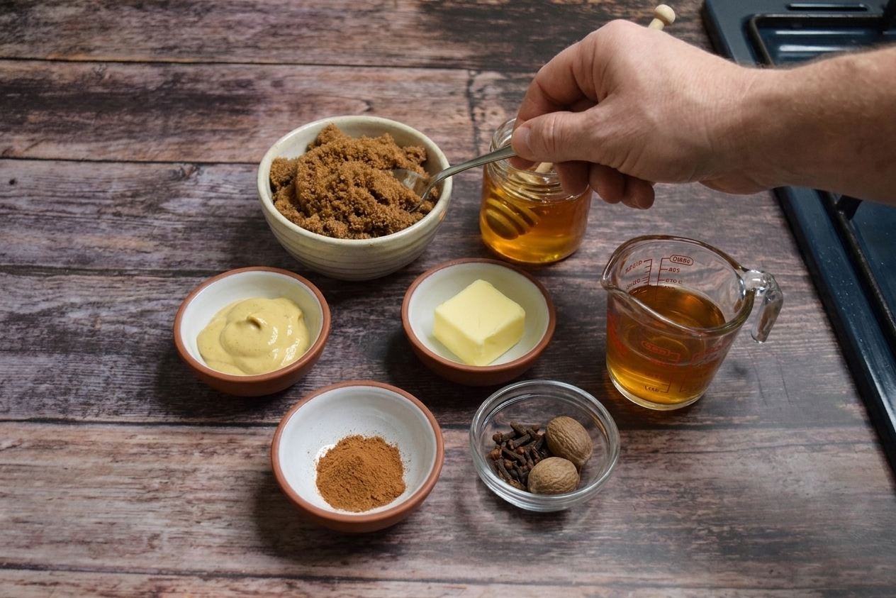 Brown sugar, honey, Dijon mustard, butter, apple cider vinegar, and spices measured out in small bowls on a kitchen counter