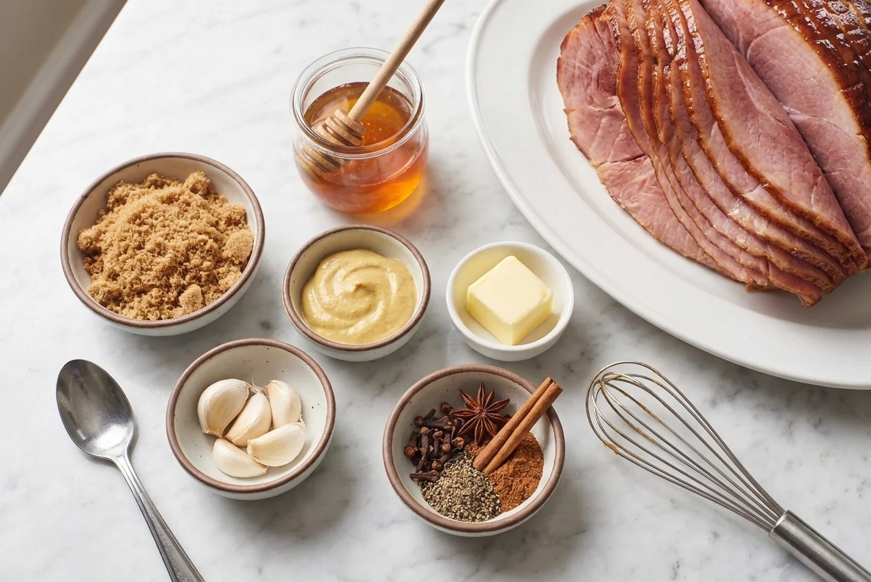 Brown sugar, honey, Dijon mustard, butter, garlic, and spices measured in small bowls on a tidy kitchen counter next to a ham