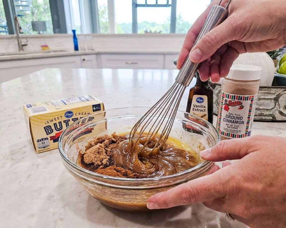 Brown sugar, melted butter, cinnamon, and vanilla being whisked together in a glass bowl on a kitchen counter